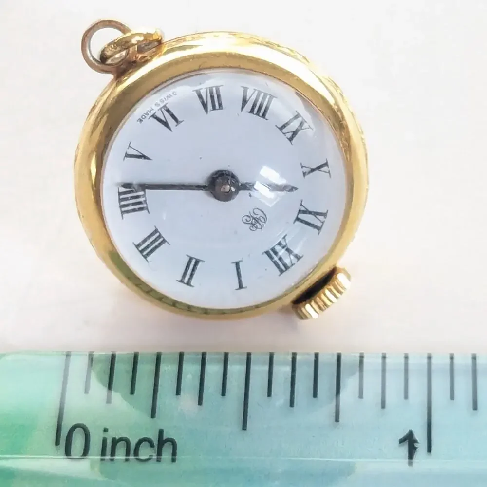 Vintage Working Swiss Made Etched Gold Tone Bubble Watch Necklace Pendant